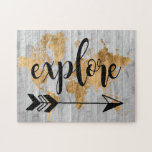 Young Explorer V Jigsaw Puzzle<br><div class="desc">A cute design featuring a gol
den text phrase and a gold map of the world over a grey plank background.. Artist: Studio W</div>