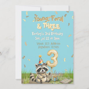Young Feral & Three, Gold, Racoon 3rd Birthday Invitation
