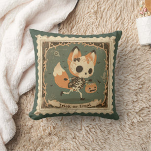 Young Fox Skeleton Halloween Pillow