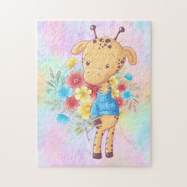 Young Giraffe in a Blue Sweater with Flowers  Jigsaw Puzzle (Vertical)