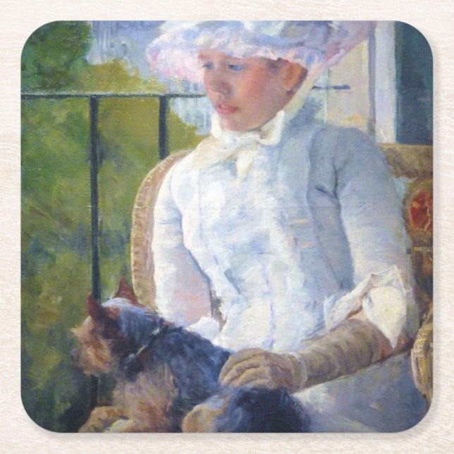 Young Girl and Her Dog, Mary Cassatt Square Paper Coaster (Front)