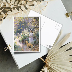 Young girl and her greyhound in the garden Art Postcard