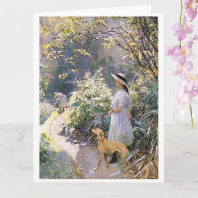 Young girl and her greyhound in the garden card (Orchid)