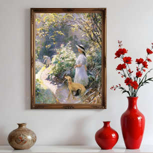 Young girl and her greyhound in the garden,  poster