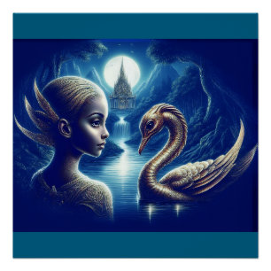Young Girl And Swan Amazing Scenery Poster