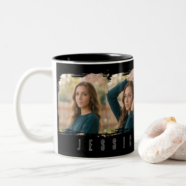 Young Girl Collaged Typography Two-Tone Coffee Mug (With Donut)