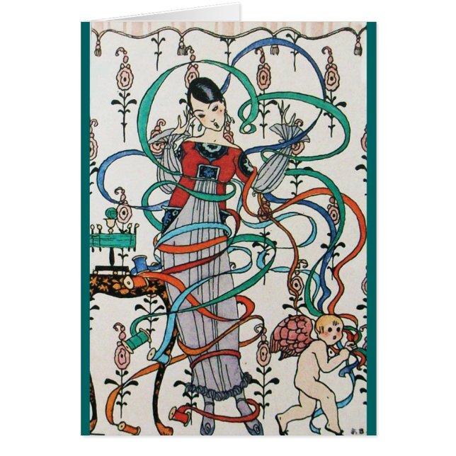 YOUNG GIRL,COLORFUL RIBBON SWIRLS ,CUPID,Birthday (Front)