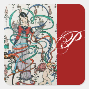 YOUNG GIRL ,COLORFUL RIBBON SWIRLS, CUPID MONOGRAM SQUARE STICKER