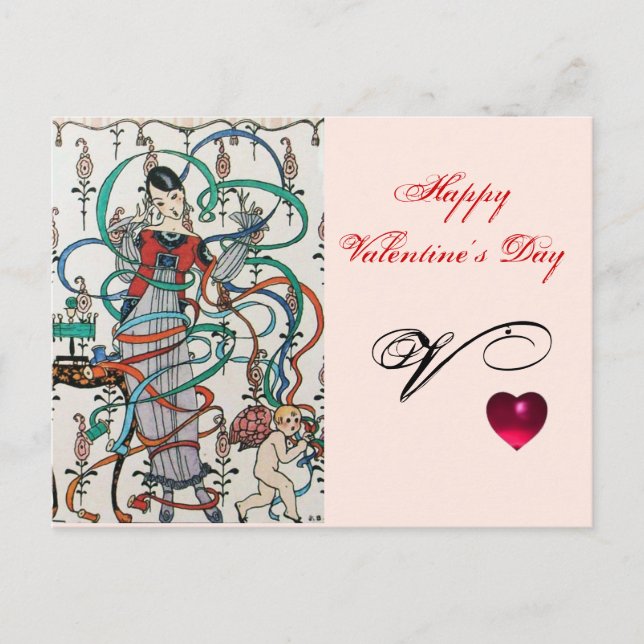 YOUNG GIRL,COLORFUL RIBBON SWIRLS,CUPID Valentine Holiday Postcard (Front)