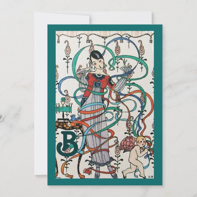 YOUNG GIRL,COLORFUL RIBBONS BRIDAL SHOWER MONOGRAM INVITATION (Front)