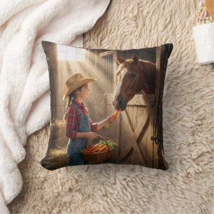 Young Girl Feeding a Horse Carrots Cushion
