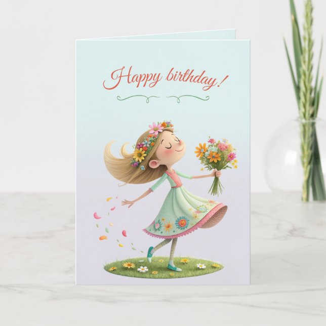 Young girl flourishing in the spring breeze card (Front)