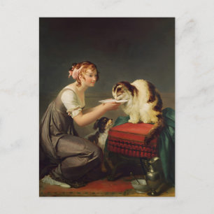 Young Girl Giving Milk to Her Cat Art Postcard