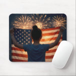 Young Girl Holding an American Flag Mouse Pad<br><div class="desc">A young girl proudly waves the American flag as a colorful fireworks display lights up the sky,  evoking a vibrant sense of patriotism and celebration</div>