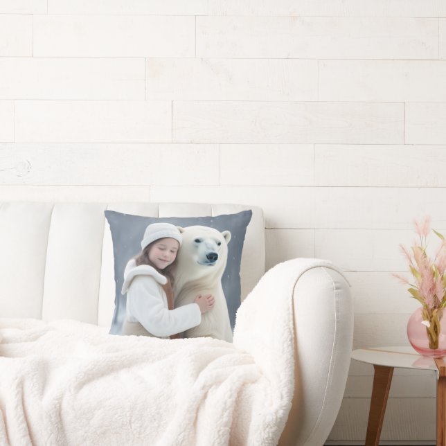 Young Girl Hugging a Polar Bear Cushion (Couch)