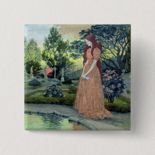 Young girl in a garden (w/c) 15 cm square badge