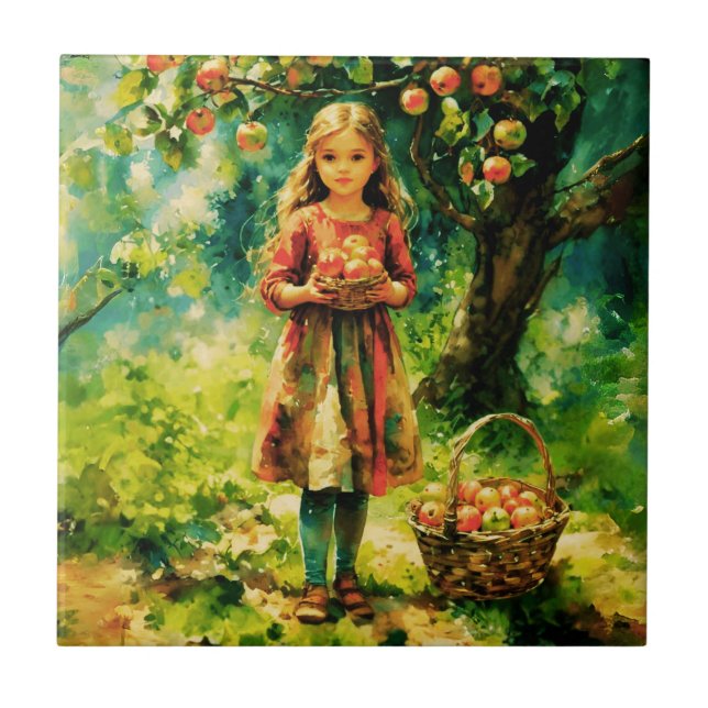Young Girl in an Apple Orchard  Ceramic Tile (Front)
