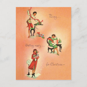 Young girl is getting ready for Christmas, vintage Postcard