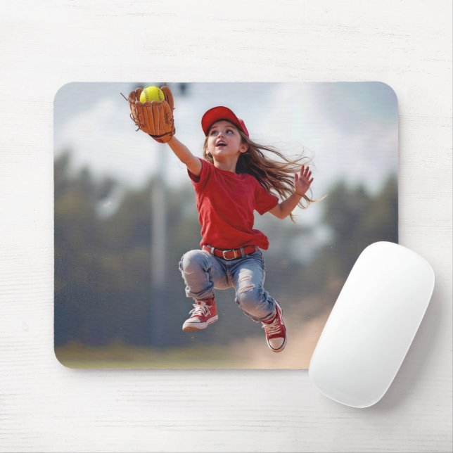 Young Girl Jumping To Catch a Softball Mouse Pad (With Mouse)