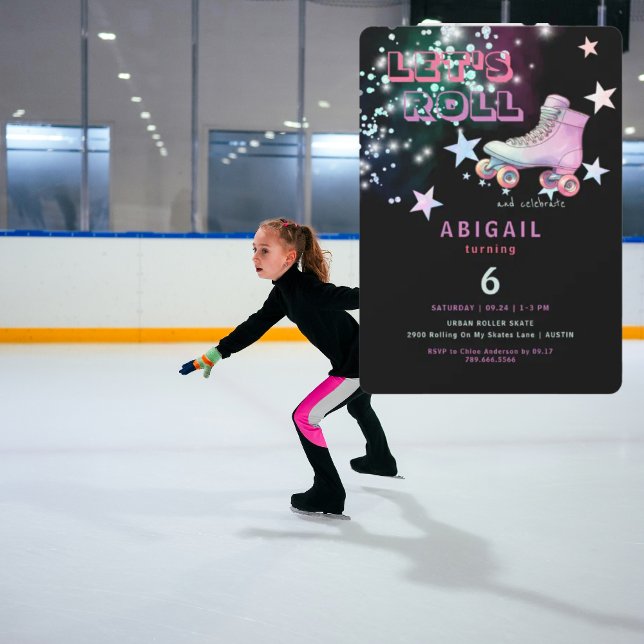 Young Girl Let's Roll Skating Neon Birthday Party Invitation (Creator Uploaded)