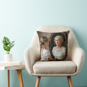 Young Girl Looking at Old Lady Reflection Cushion