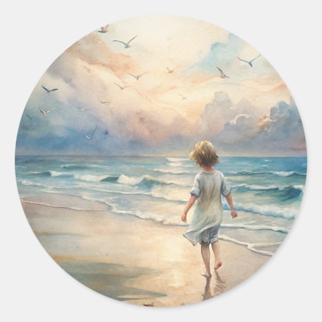 Young Girl on Beach Classic Round Sticker (Front)