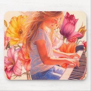 Young Girl Playing the Piano In a Flower Garden Mouse Pad