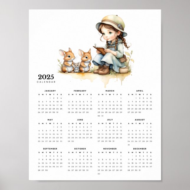 Young Girl Reads Book Rabbit Family 2025 Calendar Poster (Front)