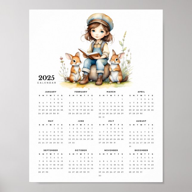 Young Girl Reads Book to Rabbits 2025 Calendar Poster (Front)