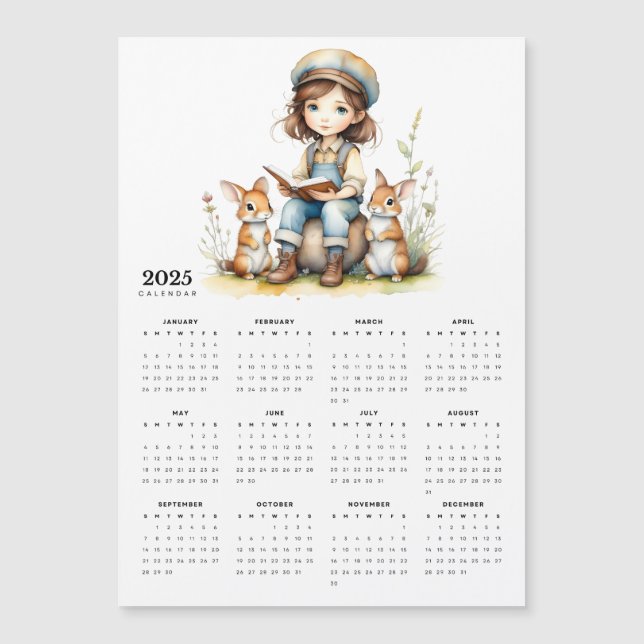 Young Girl Reads to Rabbits 2025 Magnetic Calendar (Front)