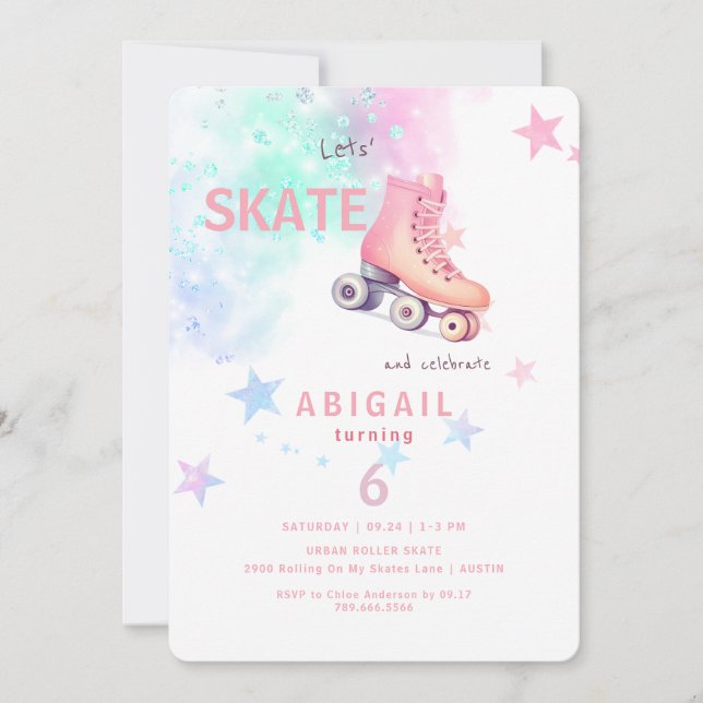 Young Girl Roller Skating Rounded Birthday Party Invitation (Front)