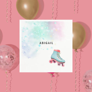 Young Girl Roller Skating Turquoise Birthday Party Napkin
