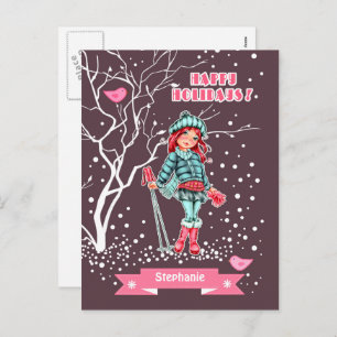 Young Girl Skier   Custom Name Christmas Holiday Postcard