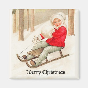 Young Girl Sledding Vintage Magnet
