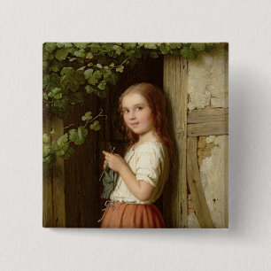Young Girl Standing in a Doorway Knitting, 1863 15 Cm Square Badge