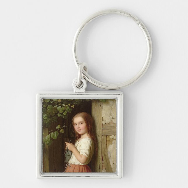 Young Girl Standing in a Doorway Knitting, 1863 Key Ring (Front)