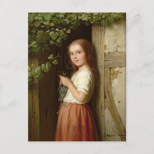 Young Girl Standing in a Doorway Knitting, 1863 Postcard