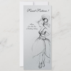 YOUNG GIRL SWEET 16 BIRTHDAY PARTY,Black Silver Invitation