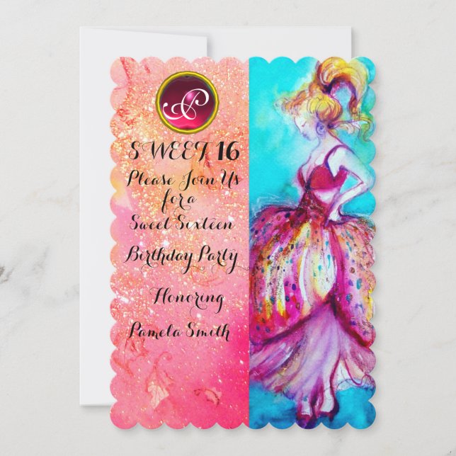 YOUNG GIRL SWEET 16 PARTY,Pink Sparkles Monogram Invitation (Front)