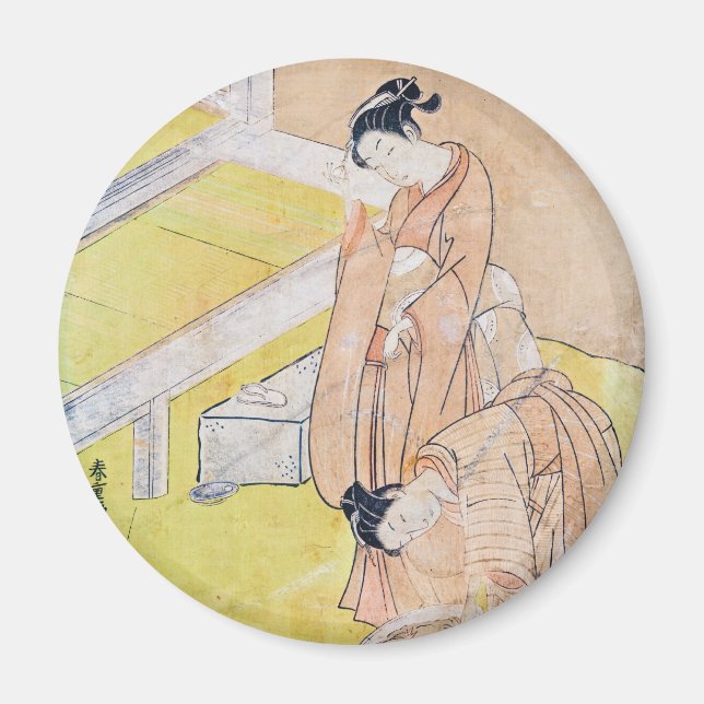 Young Girl Throws Goldfish into Pond magnets (Front)