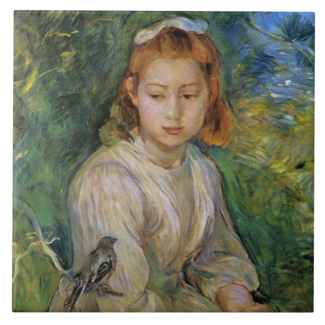 Young Girl With a Bird (by Berthe Morisot) Ceramic Tile (Front)