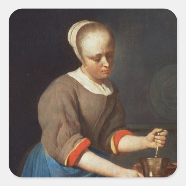 Young girl with a pestle and mortar square sticker (Front)