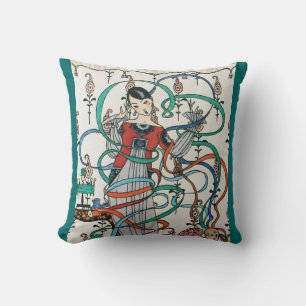 YOUNG GIRL WITH COLORFUL RIBBON SWIRLS AND CUPID CUSHION