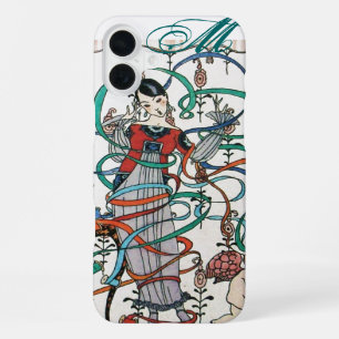 YOUNG GIRL WITH COLORFUL RIBBON SWIRLS AND CUPID iPhone 16 PLUS CASE
