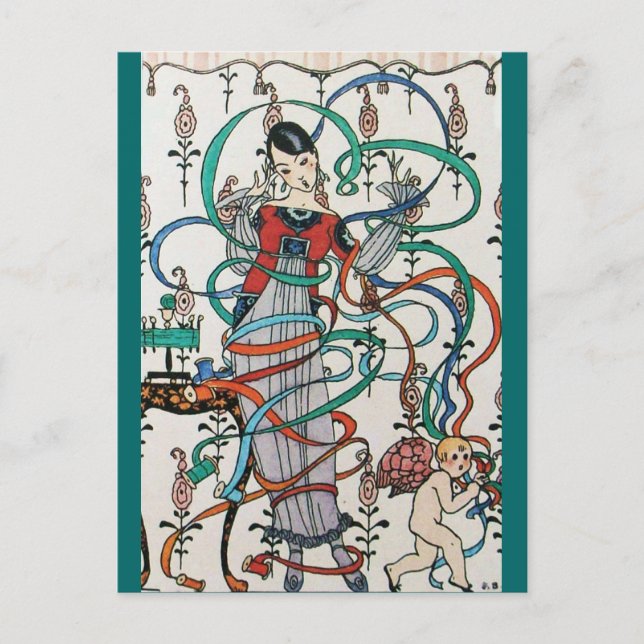 YOUNG GIRL WITH COLORFUL RIBBON SWIRLS AND CUPID POSTCARD (Front)