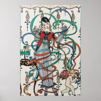 YOUNG GIRL WITH COLORFUL RIBBON SWIRLS AND CUPID