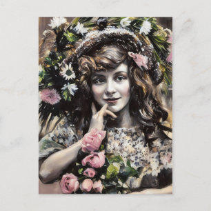 Young Girl with floral hat roses pastel drawing Postcard