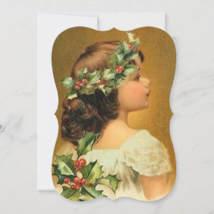 Young Girl with Holly Vintage Fancy Cut Christmas Holiday Card