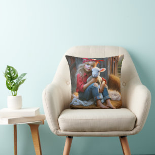 Young Girl With Newborn Lamb Cushion