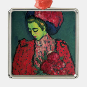 Young Girl with Peonies Metal Ornament